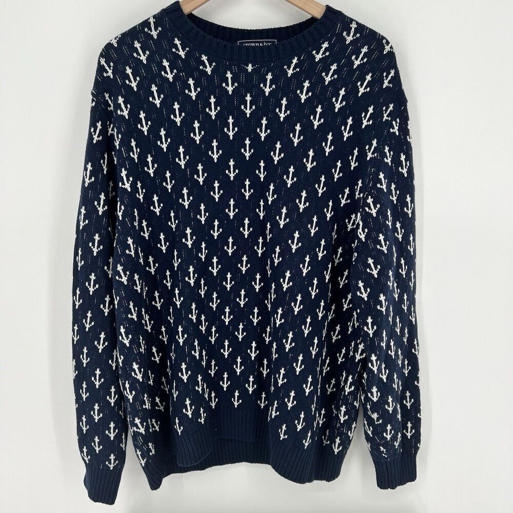 Crown & Ivy Men's Blue Anchor Long Sleeve Crew Neck Pullover Sweater Size 2XL